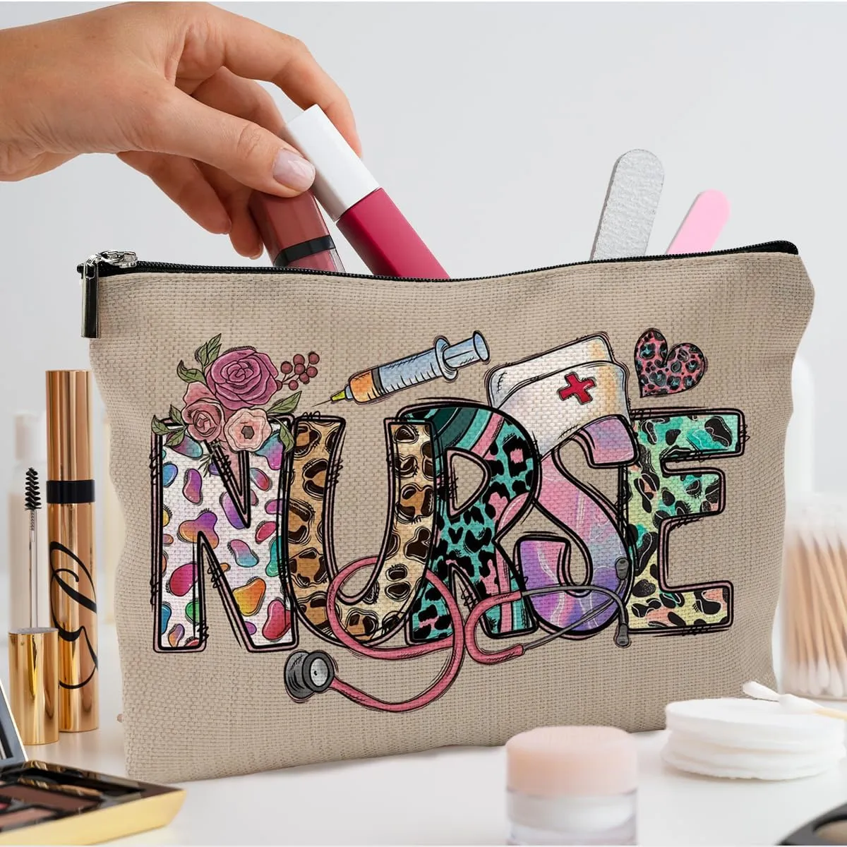 Nurse Makeup Bags - Cosmetic Bags With Zipper for Nursing Students (Brown)