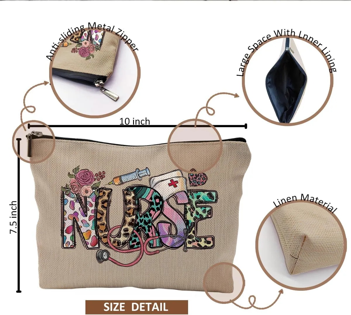 Nurse Makeup Bags - Cosmetic Bags With Zipper for Nursing Students (Brown)