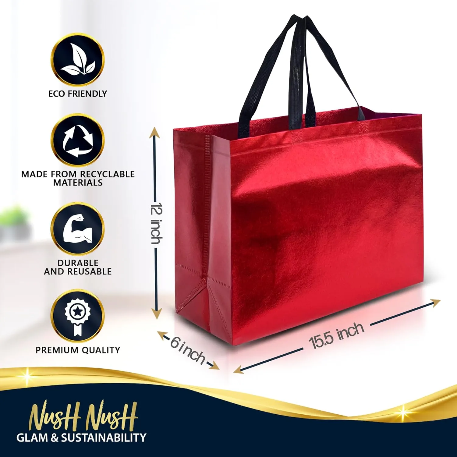 Nush Nush Red Gift Bags XL Size – Set of 12 Reusable Extra Large Red Gift Bags With Handles - Perfect As Birthday Gift Bags, Party Bags, Goodie Bags, Party Favor Bags – 15.5W x 6D x 12H Size,Red - XL