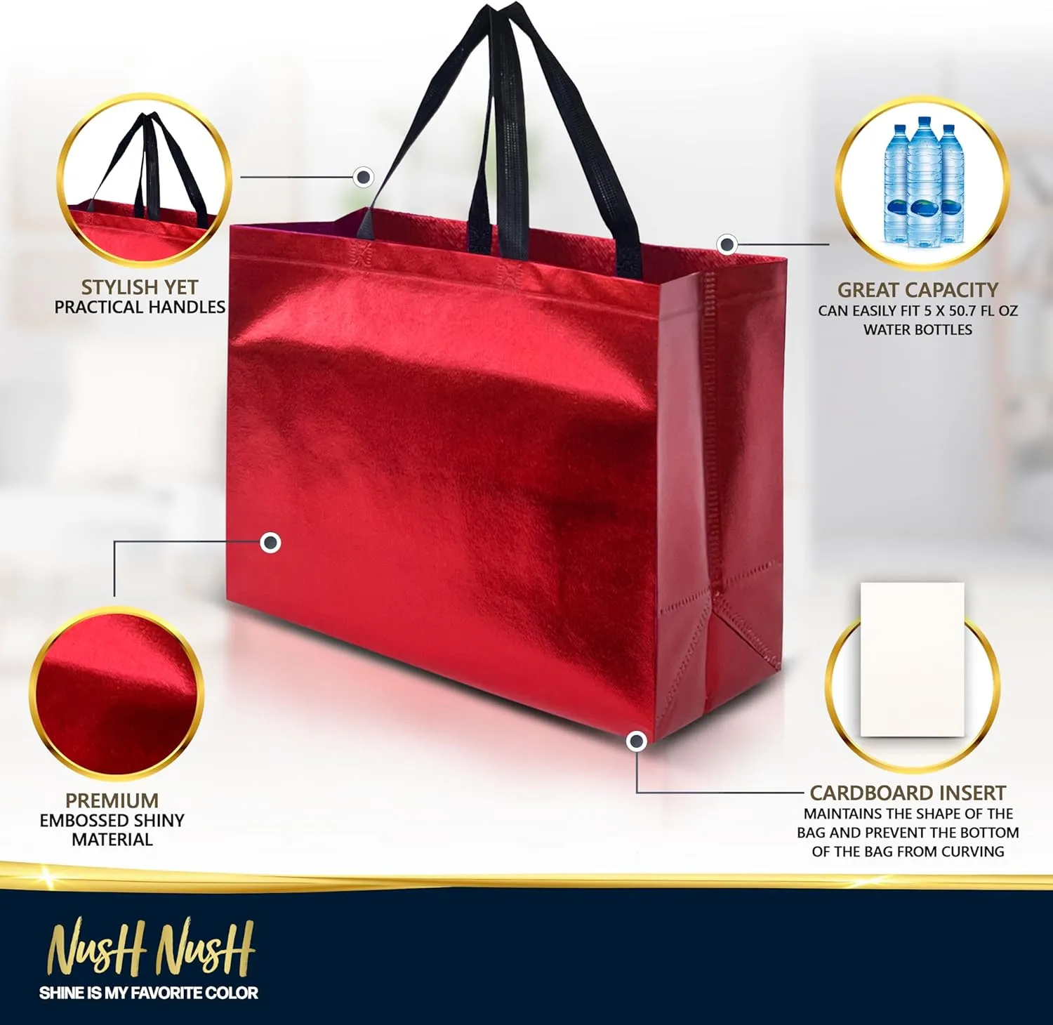 Nush Nush Red Gift Bags XL Size – Set of 12 Reusable Extra Large Red Gift Bags With Handles - Perfect As Birthday Gift Bags, Party Bags, Goodie Bags, Party Favor Bags – 15.5W x 6D x 12H Size,Red - XL