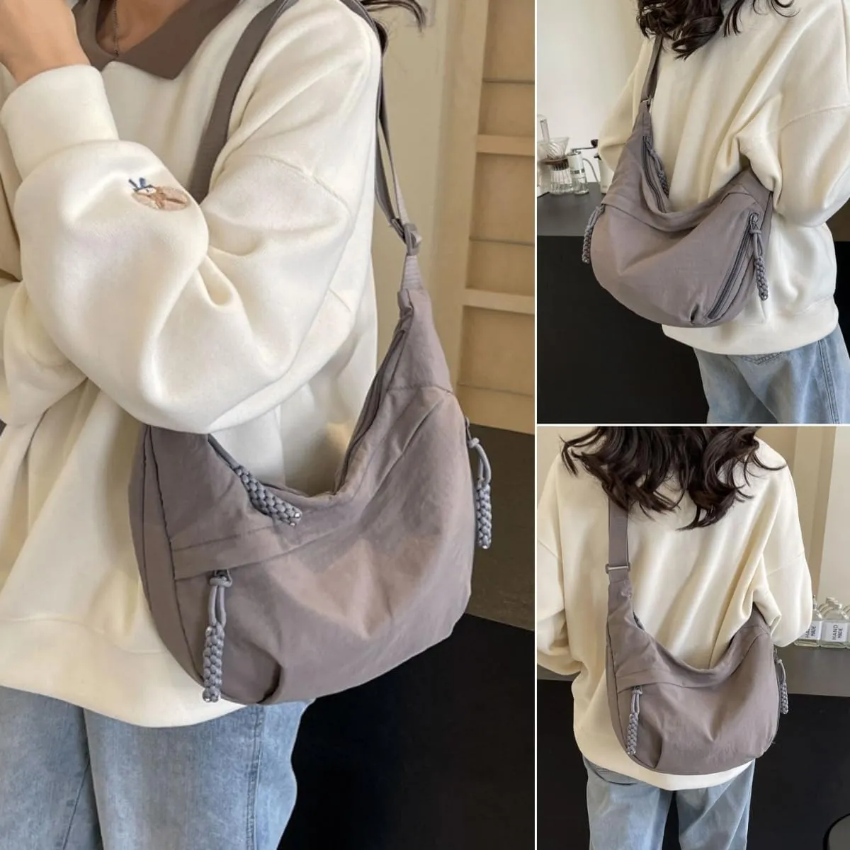 Nylon Crossbody Bags for Women, Trendy Medium Crescent Bag, Lightweight Woman Over Shoulder Purse with Zipper
