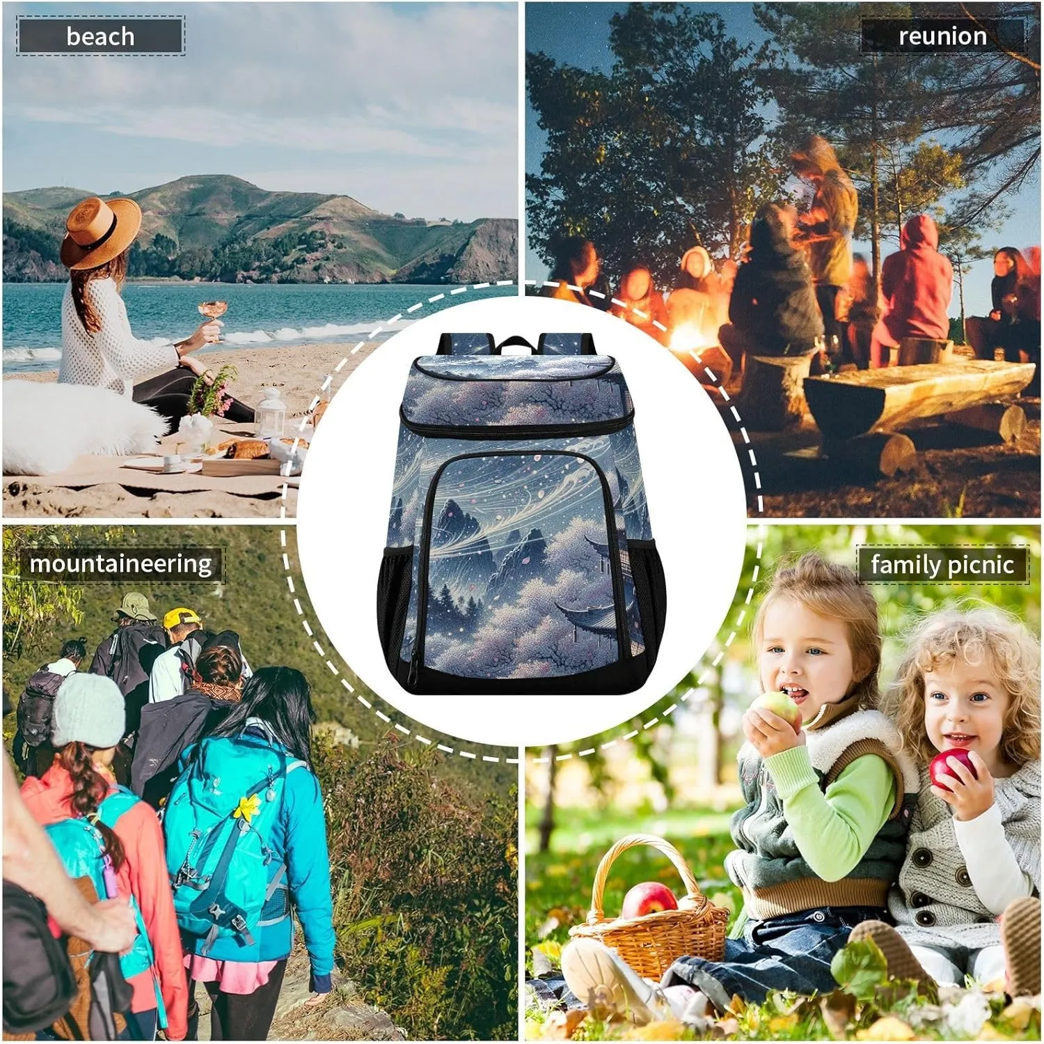 ODAWA Cooler Backpack Waterproof Beach Cooler Bag Blossom Storm Moon Lunch Backpack Lightweight Camping Bags