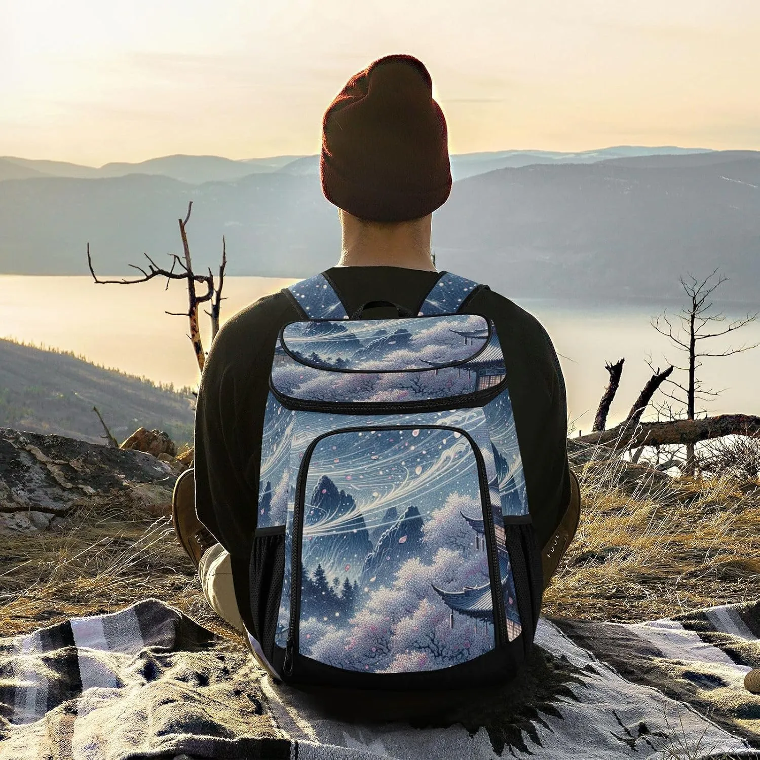 ODAWA Cooler Backpack Waterproof Beach Cooler Bag Blossom Storm Moon Lunch Backpack Lightweight Camping Bags