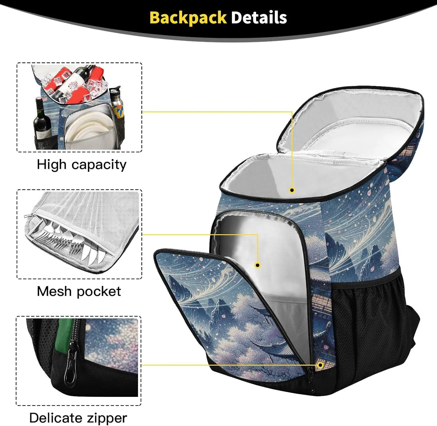 ODAWA Cooler Backpack Waterproof Beach Cooler Bag Blossom Storm Moon Lunch Backpack Lightweight Camping Bags