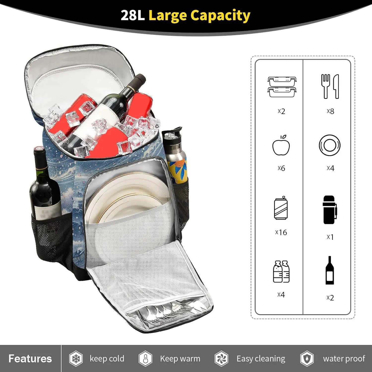 ODAWA Cooler Backpack Waterproof Beach Cooler Bag Blossom Storm Moon Lunch Backpack Lightweight Camping Bags