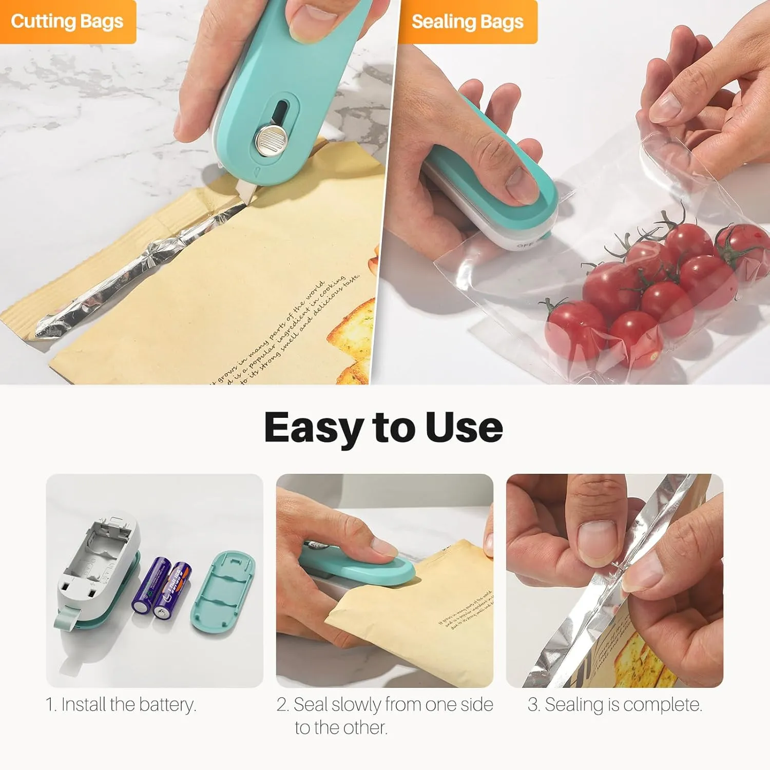 ODSD 2 in 1 Mini Bag Sealer - Heat Seal and Cutter with Lanyard, Portable Handheld Chip Bag Sealer for Snacks, Candies, Plastic Food Storage (Batteries Included)