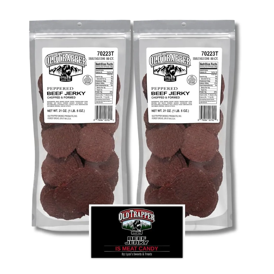 Old Trapper Double Eagle Beef Jerky Gift Set - Peppered - Pack of 2, 21 Oz. Bags (80 Pieces Per Bag) with Bonus Old Trapper Magnet by Lyza's Sweets & Treats