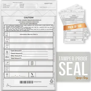 Opaque Bank Deposit Bags Plastic with Bank Slips 9 x 12 inches, Money Deposit Bag with Sequential Barcodes, Tamper Proof Bags 100 pcs Temper Evident Register Bag for Cheques, Currency Handling