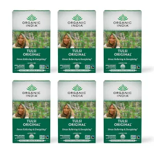 ORGANIC INDIA Tulsi Original Herbal Tea - Holy Basil and African Basil Calming and Stress Relief Tea, Immune Support, USDA Certified Organic, Non-GMO, Caffeine-Free - 18 Infusion Bags, 6 Pack