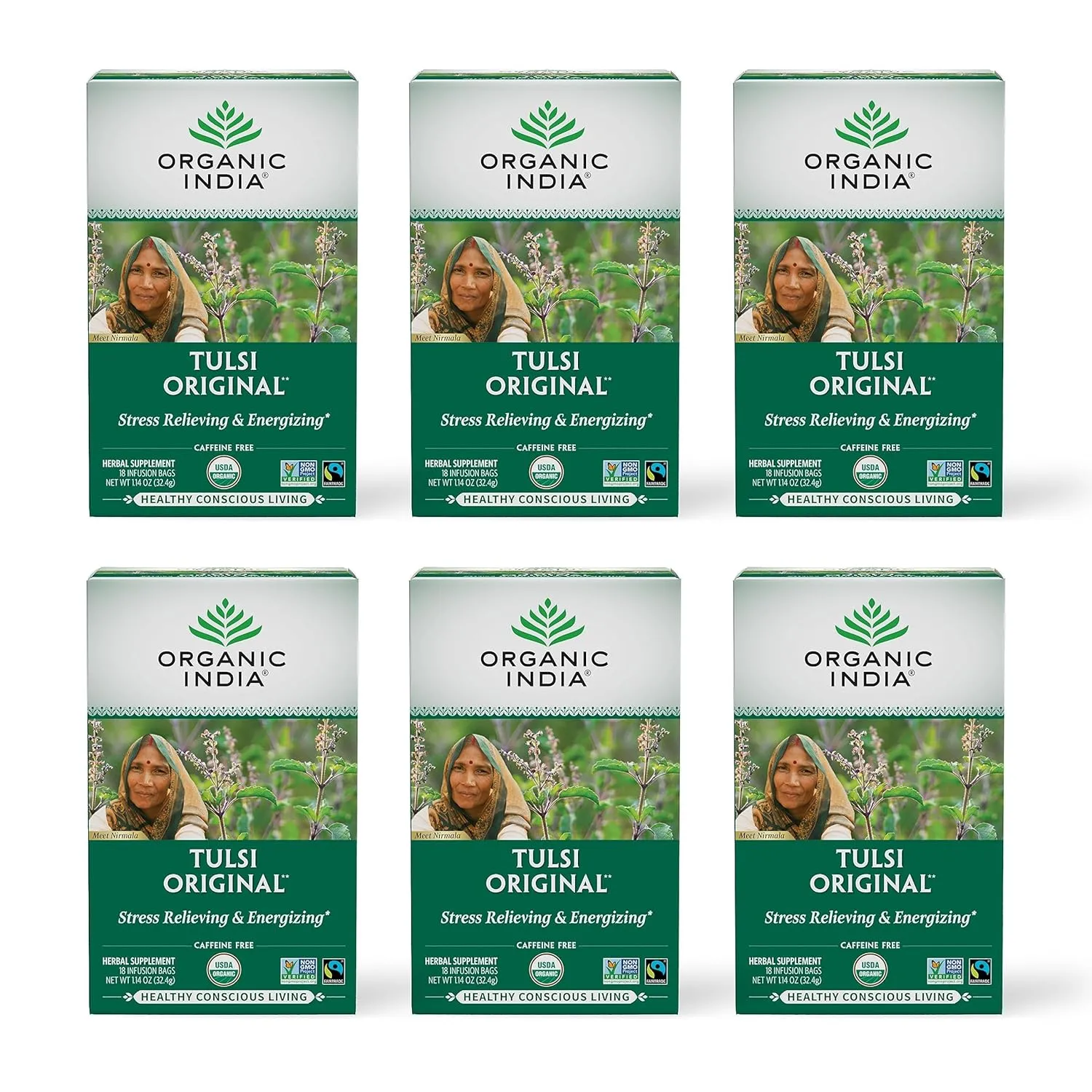 ORGANIC INDIA Tulsi Original Herbal Tea - Holy Basil and African Basil Calming and Stress Relief Tea, Immune Support, USDA Certified Organic, Non-GMO, Caffeine-Free - 18 Infusion Bags, 6 Pack