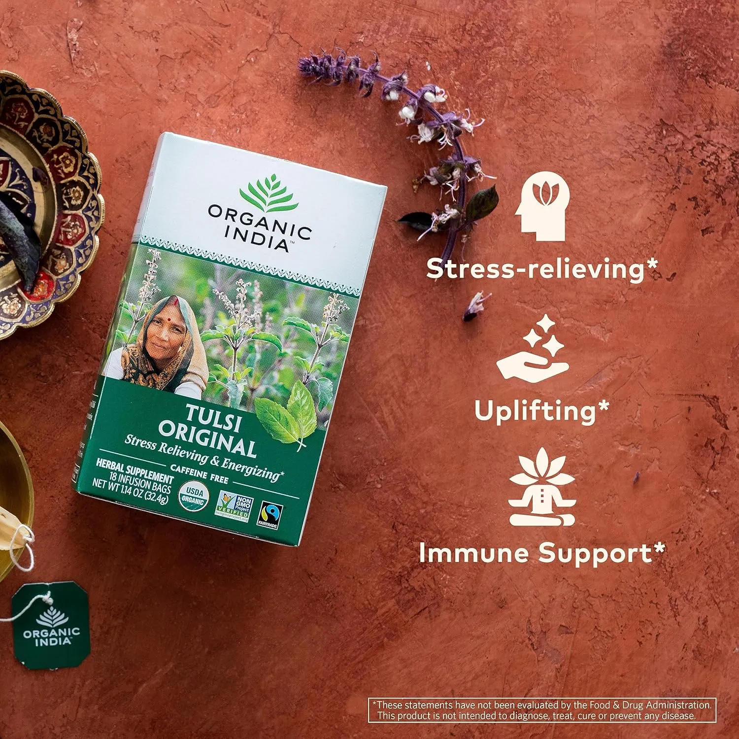 ORGANIC INDIA Tulsi Original Herbal Tea - Holy Basil and African Basil Calming and Stress Relief Tea, Immune Support, USDA Certified Organic, Non-GMO, Caffeine-Free - 18 Infusion Bags, 6 Pack
