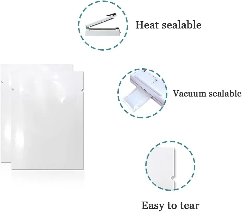 PABCK 500 Pieces White Metallic Mylar Foil Open Top Sealable Bags 2.4x3.5 inch (2x3.1 inch Inner Size) Vacuum Heat Seal Pouches for Food Storage Packaging with Tear Notches