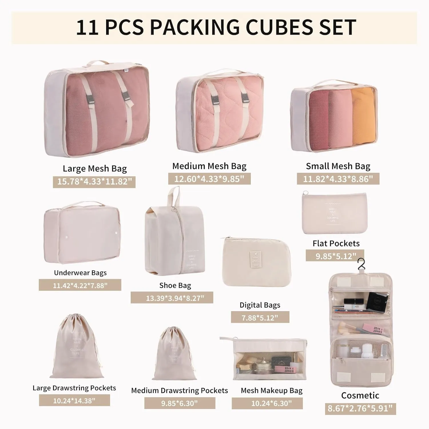 Packing Cubes Storage Luggage Organizers Bags 11 set for Travel Clothing Classification Storage Bag (Beige, 11 Pieces)