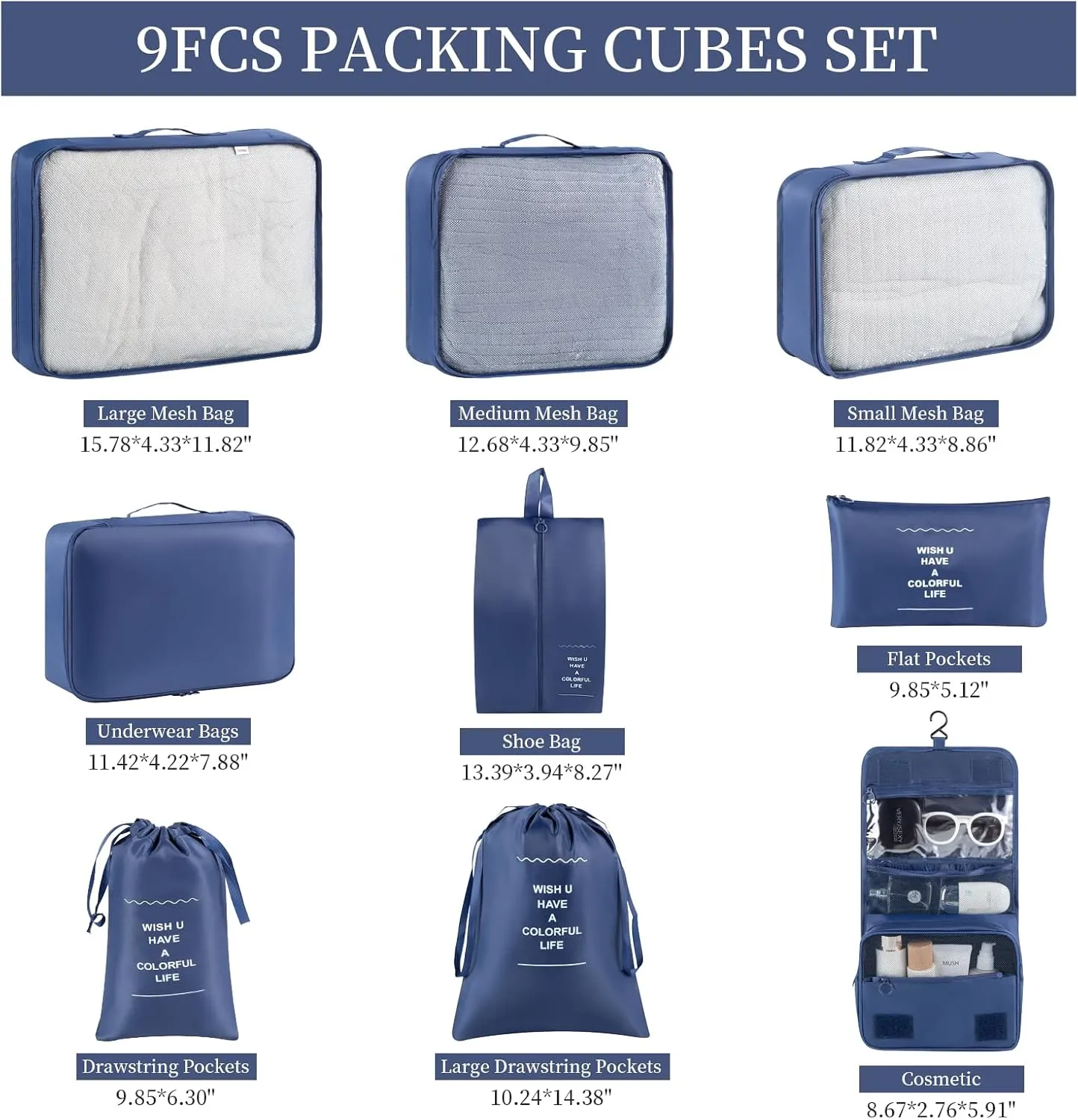 Packing Cubes Storage Luggage Organizers Bags 9 set for Travel Clothing Classification Storage Bag (Navy Blue, 9 Pieces)