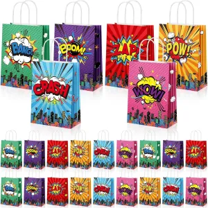 Pajean 36 Pcs Hero Party Favors Bags Comic Hero Kraft Paper Goodie Candy Treat Gift Bags with Handle Boom Theme Birthday Decorations Supplies