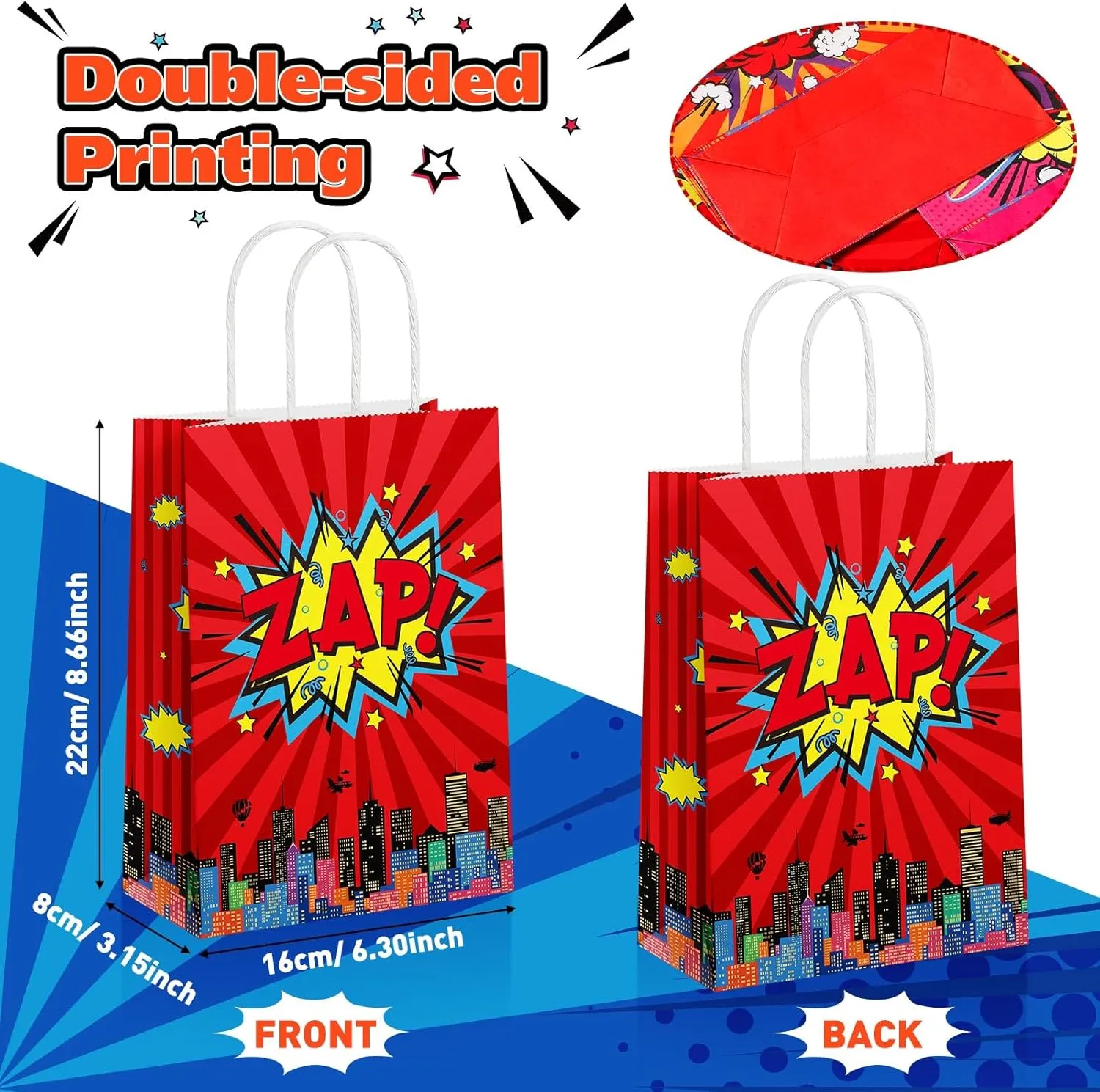 Pajean 36 Pcs Hero Party Favors Bags Comic Hero Kraft Paper Goodie Candy Treat Gift Bags with Handle Boom Theme Birthday Decorations Supplies
