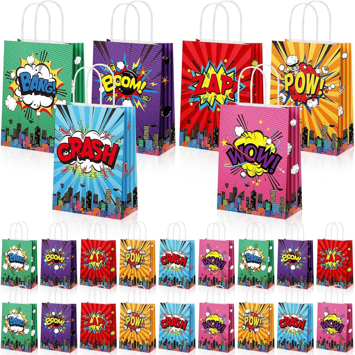 Pajean 36 Pcs Hero Party Favors Bags Comic Hero Kraft Paper Goodie Candy Treat Gift Bags with Handle Boom Theme Birthday Decorations Supplies