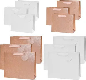 PAPER FAIR 12PCS Assorted Metallic Rose Gold White Glitter Gift Bags Bulk with Tag, Size L 12.5'' M 9'', for Christmas Wedding Bridal Shower Favor Bag Gift Packaging, Holiday Birthday Party Valentines