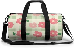 Pastoral Red Flower Green Plaid Compact Gym Bag Travel Duffel Bags Lightweight Foldable Sports Tote Gymbag