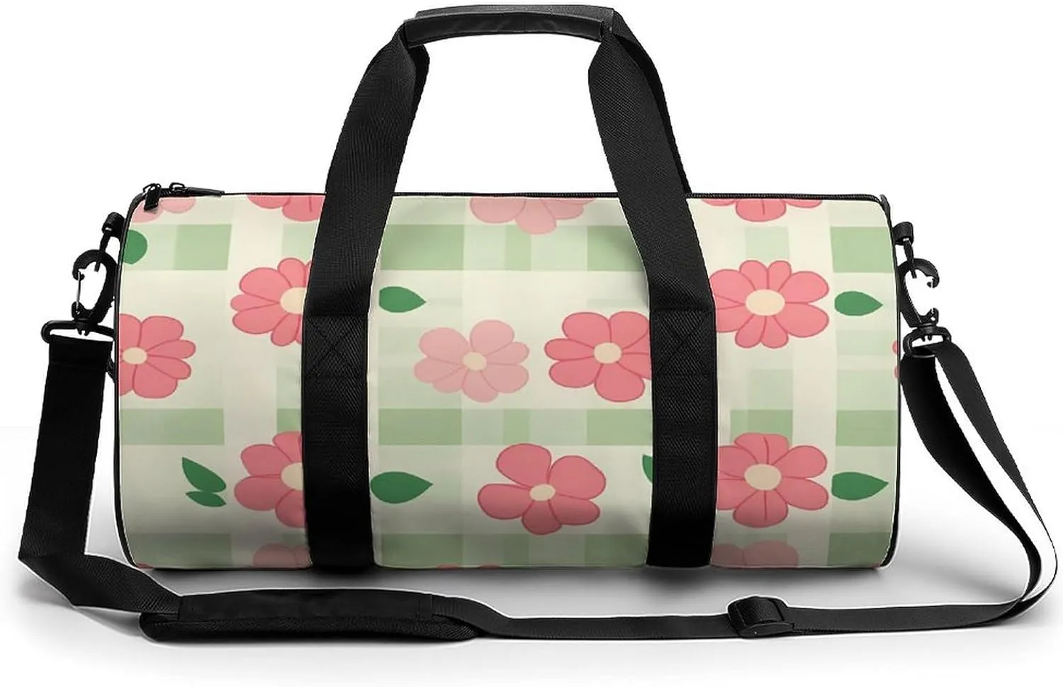 Pastoral Red Flower Green Plaid Compact Gym Bag Travel Duffel Bags Lightweight Foldable Sports Tote Gymbag