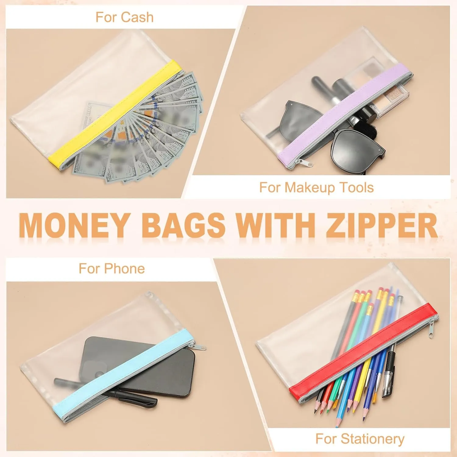 PATIKIL 8.7x3.9 Inch Money Bags with Zipper, 6 Pcs Clear PVC Cash Deposit Bank Pouch Envelopes Makeup Bag Check Wallet for Coin Cosmetics Bill, Black
