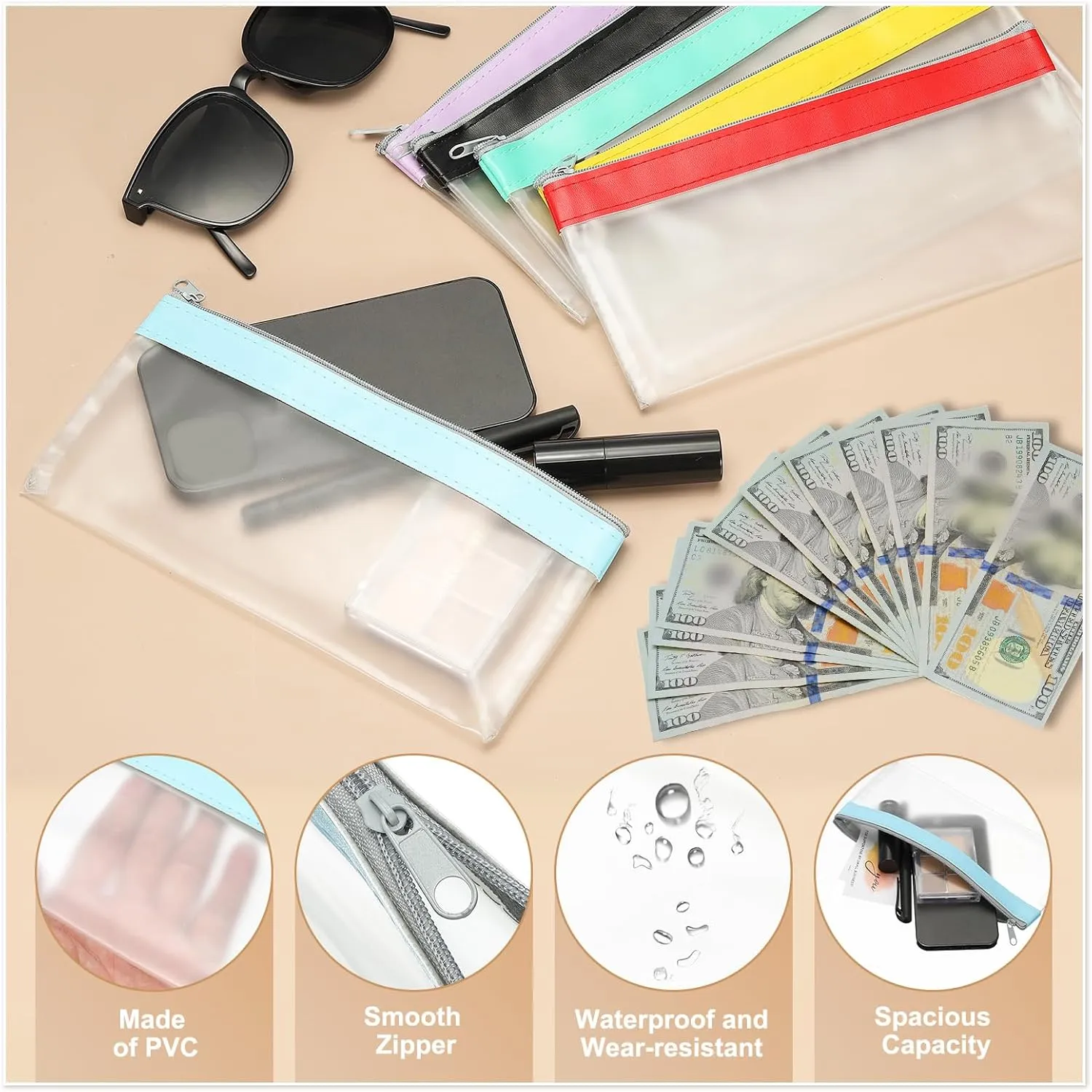 PATIKIL 8.7x3.9 Inch Money Bags with Zipper, 6 Pcs Clear PVC Cash Deposit Bank Pouch Envelopes Makeup Bag Check Wallet for Coin Cosmetics Bill, Black