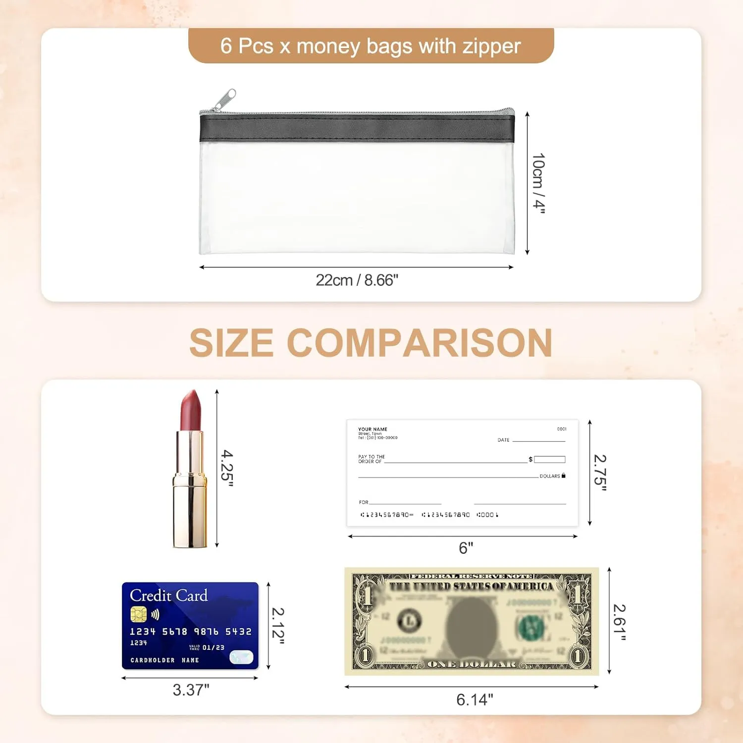 PATIKIL 8.7x3.9 Inch Money Bags with Zipper, 6 Pcs Clear PVC Cash Deposit Bank Pouch Envelopes Makeup Bag Check Wallet for Coin Cosmetics Bill, Black