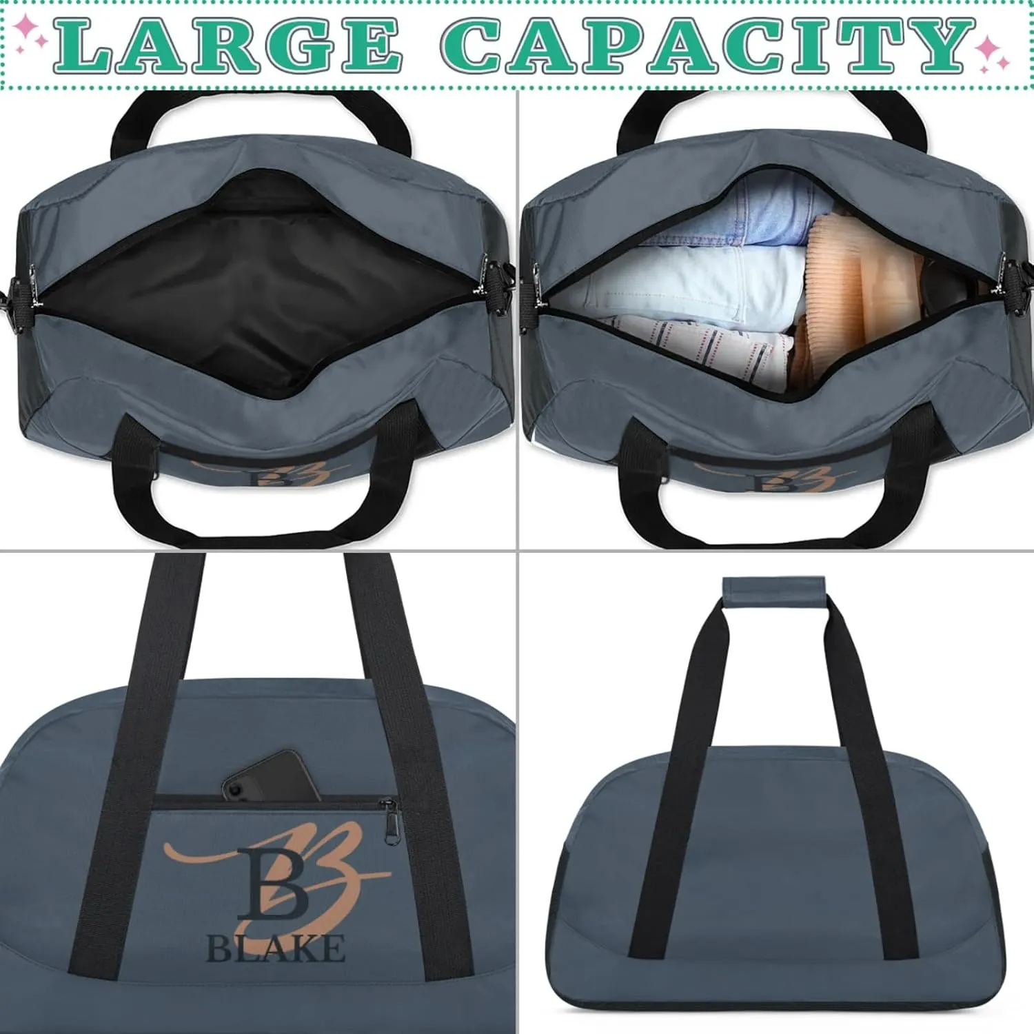 Personalize-Kids-Duffel-Bags With Custom Capital Name Text Dance-Sports-Bags Lightweight Carry-On Overnight Travel Gym for Girls Boys,Dark Blue