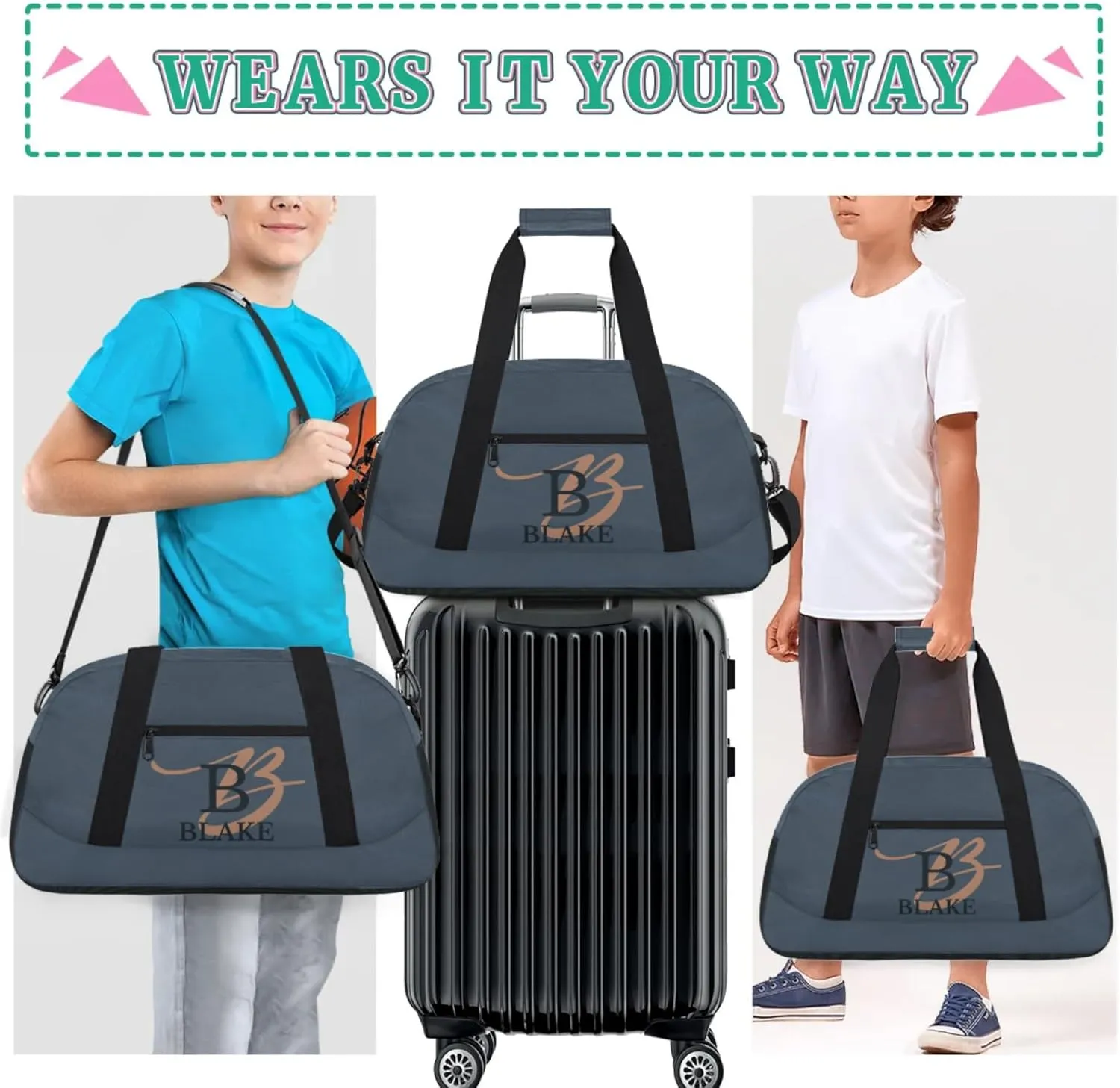 Personalize-Kids-Duffel-Bags With Custom Capital Name Text Dance-Sports-Bags Lightweight Carry-On Overnight Travel Gym for Girls Boys,Dark Blue