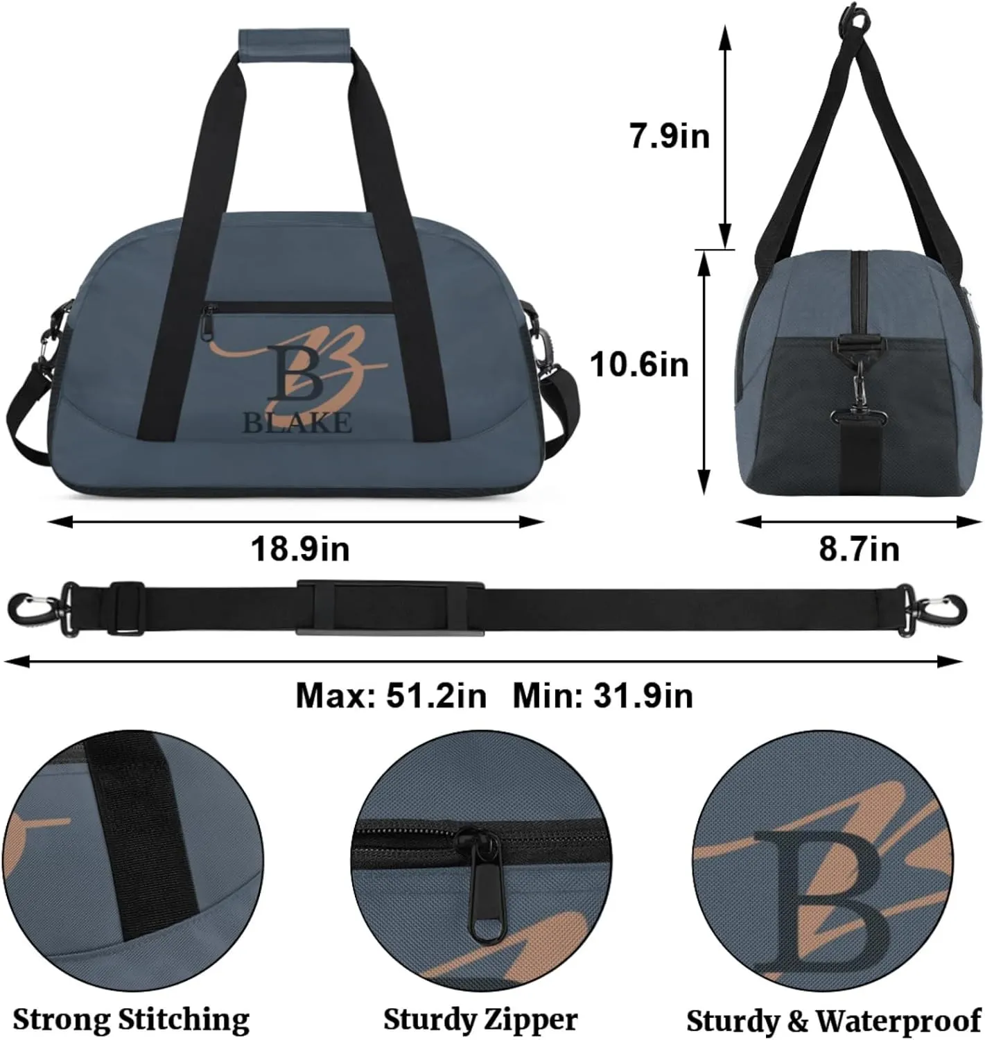 Personalize-Kids-Duffel-Bags With Custom Capital Name Text Dance-Sports-Bags Lightweight Carry-On Overnight Travel Gym for Girls Boys,Dark Blue
