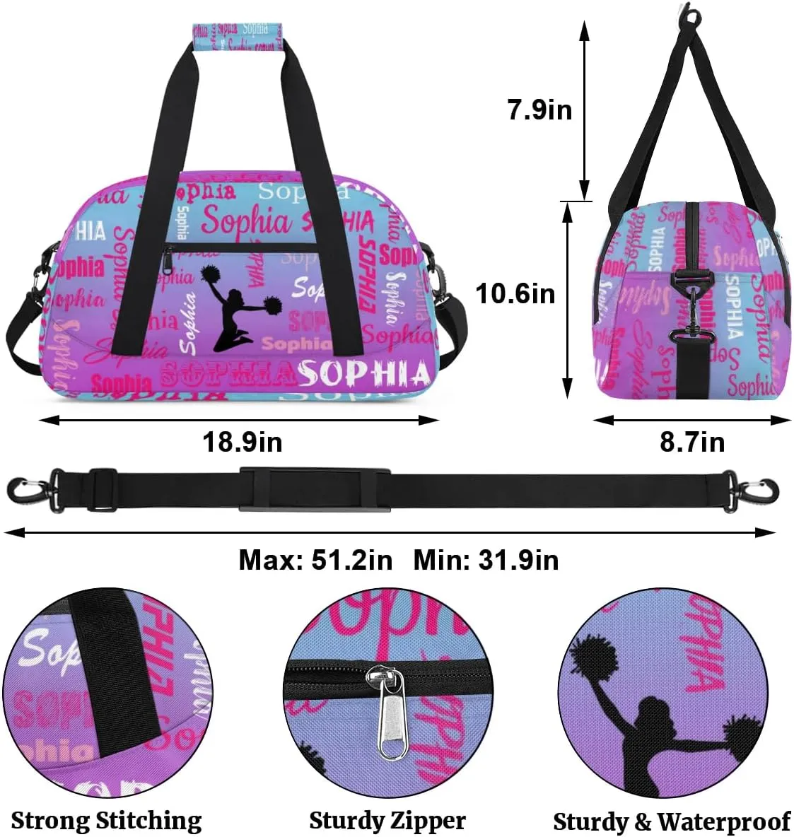 Personalized Cheer Bag Cheerleader Bag Gymnastics Bags, Custom Cheerleader Sport Duffel Gym Bags Travel Overnight Weekender Bags, Blue Purple Gradient