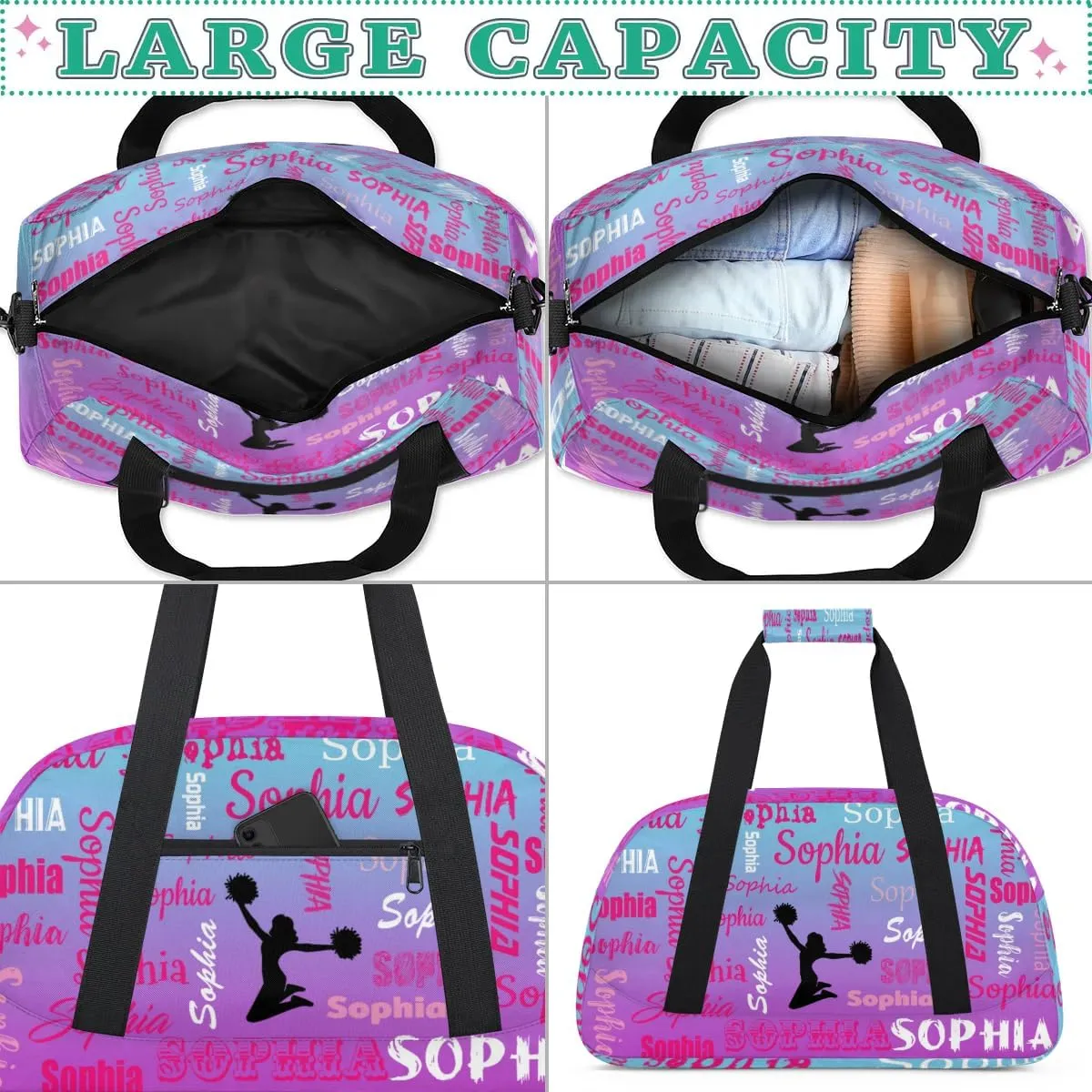 Personalized Cheer Bag Cheerleader Bag Gymnastics Bags, Custom Cheerleader Sport Duffel Gym Bags Travel Overnight Weekender Bags, Blue Purple Gradient