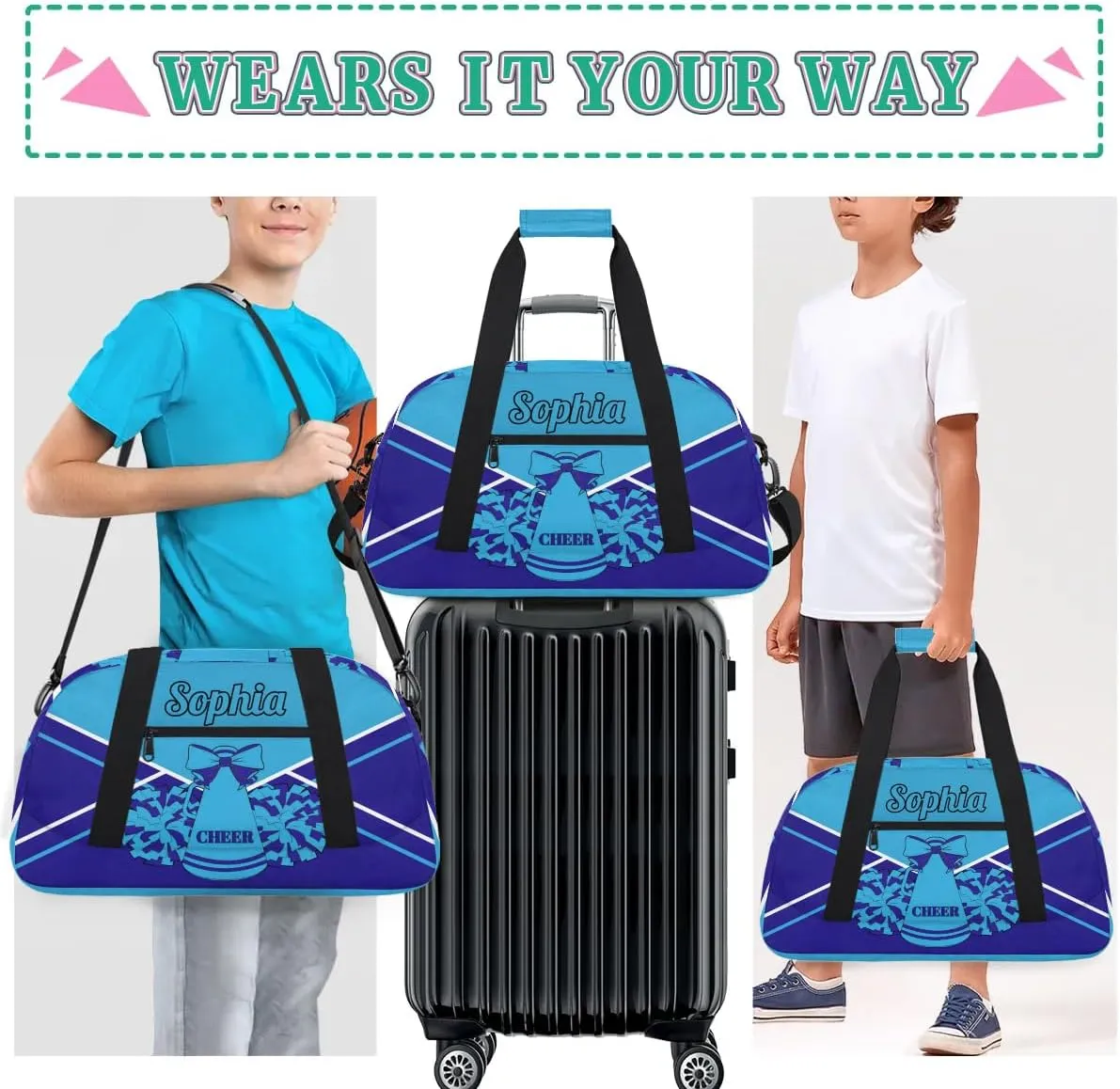 Personalized Cheer Duffel Bags Custom Cheerleader Bag with Name for Sport Events Dance Bag Gym Bag Overnight Weekender Carry-on Bag, Multi Blue