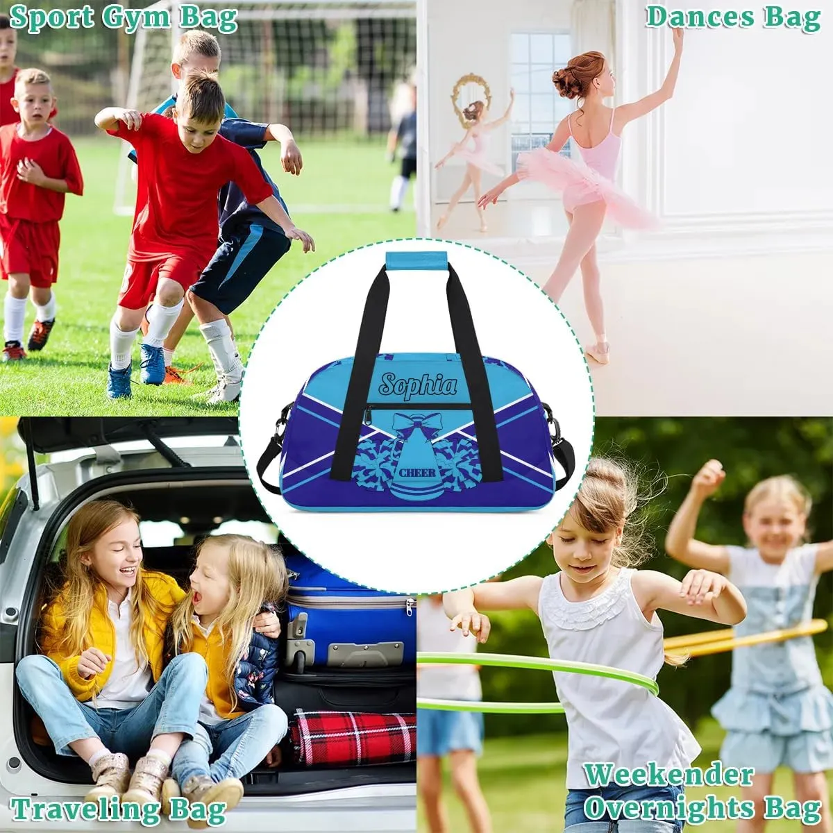 Personalized Cheer Duffel Bags Custom Cheerleader Bag with Name for Sport Events Dance Bag Gym Bag Overnight Weekender Carry-on Bag, Multi Blue