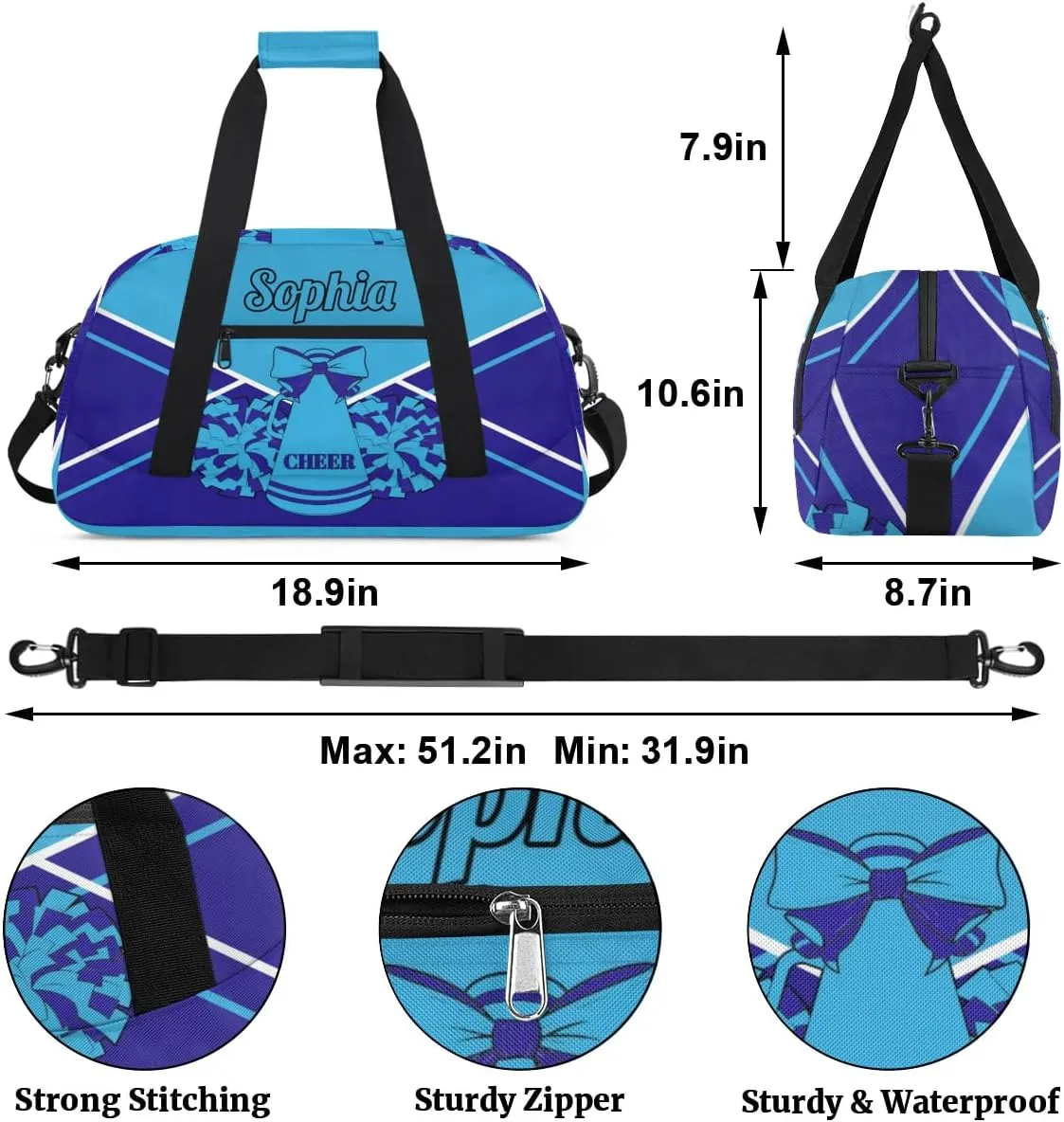 Personalized Cheer Duffel Bags Custom Cheerleader Bag with Name for Sport Events Dance Bag Gym Bag Overnight Weekender Carry-on Bag, Multi Blue