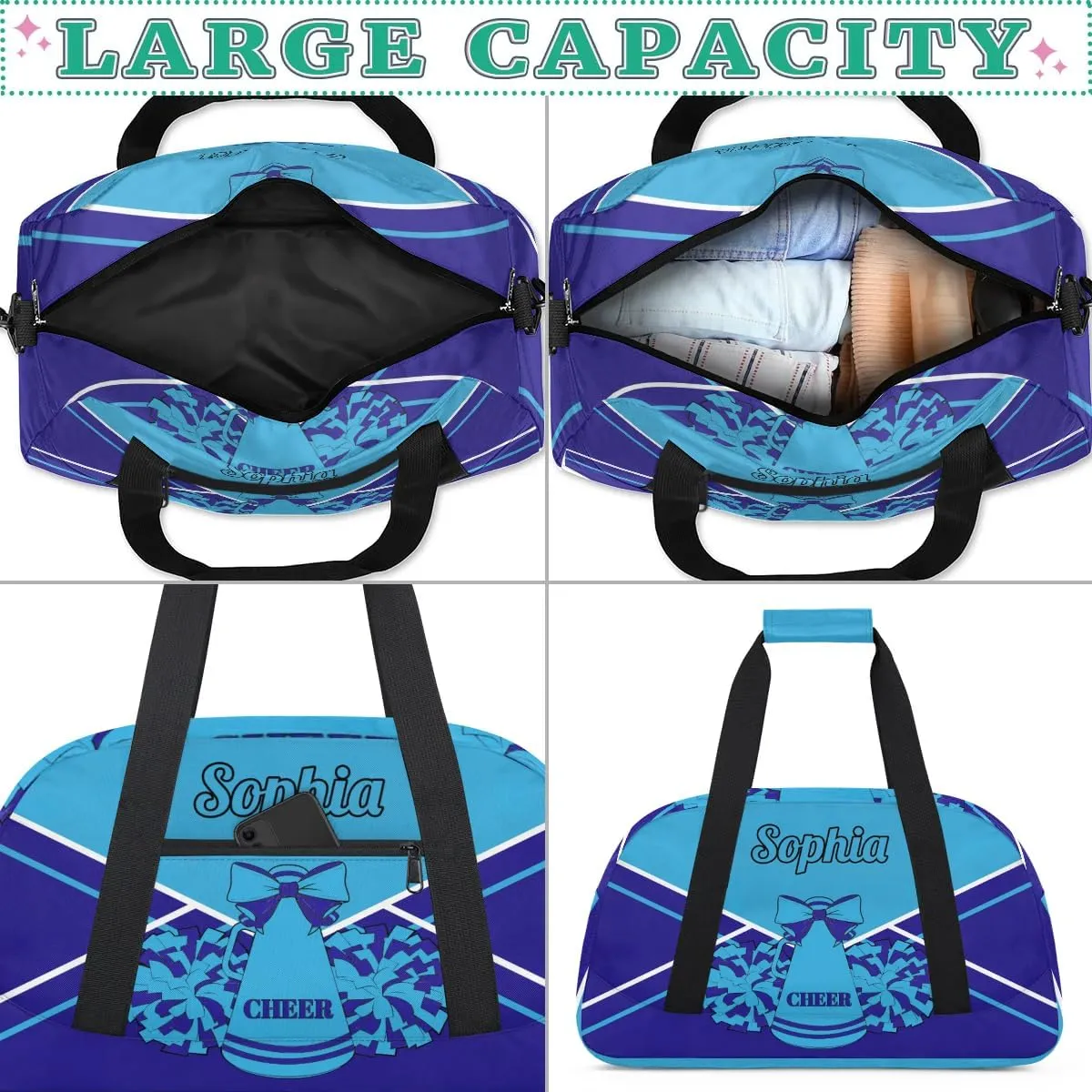 Personalized Cheer Duffel Bags Custom Cheerleader Bag with Name for Sport Events Dance Bag Gym Bag Overnight Weekender Carry-on Bag, Multi Blue