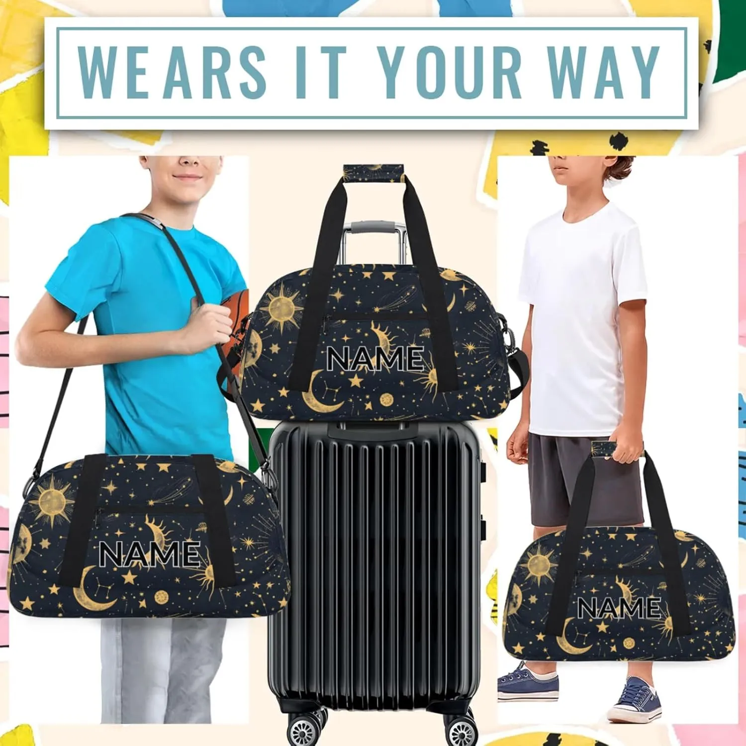 Personalized Custom Boho Sun Moon Gym Bag for Women Men Carry on Travel Duffel Tote Modern Stars Gothic Overnight Workout Weekender Bag