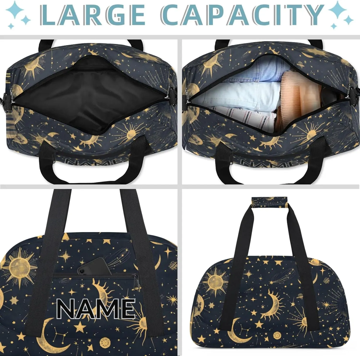 Personalized Custom Boho Sun Moon Gym Bag for Women Men Carry on Travel Duffel Tote Modern Stars Gothic Overnight Workout Weekender Bag