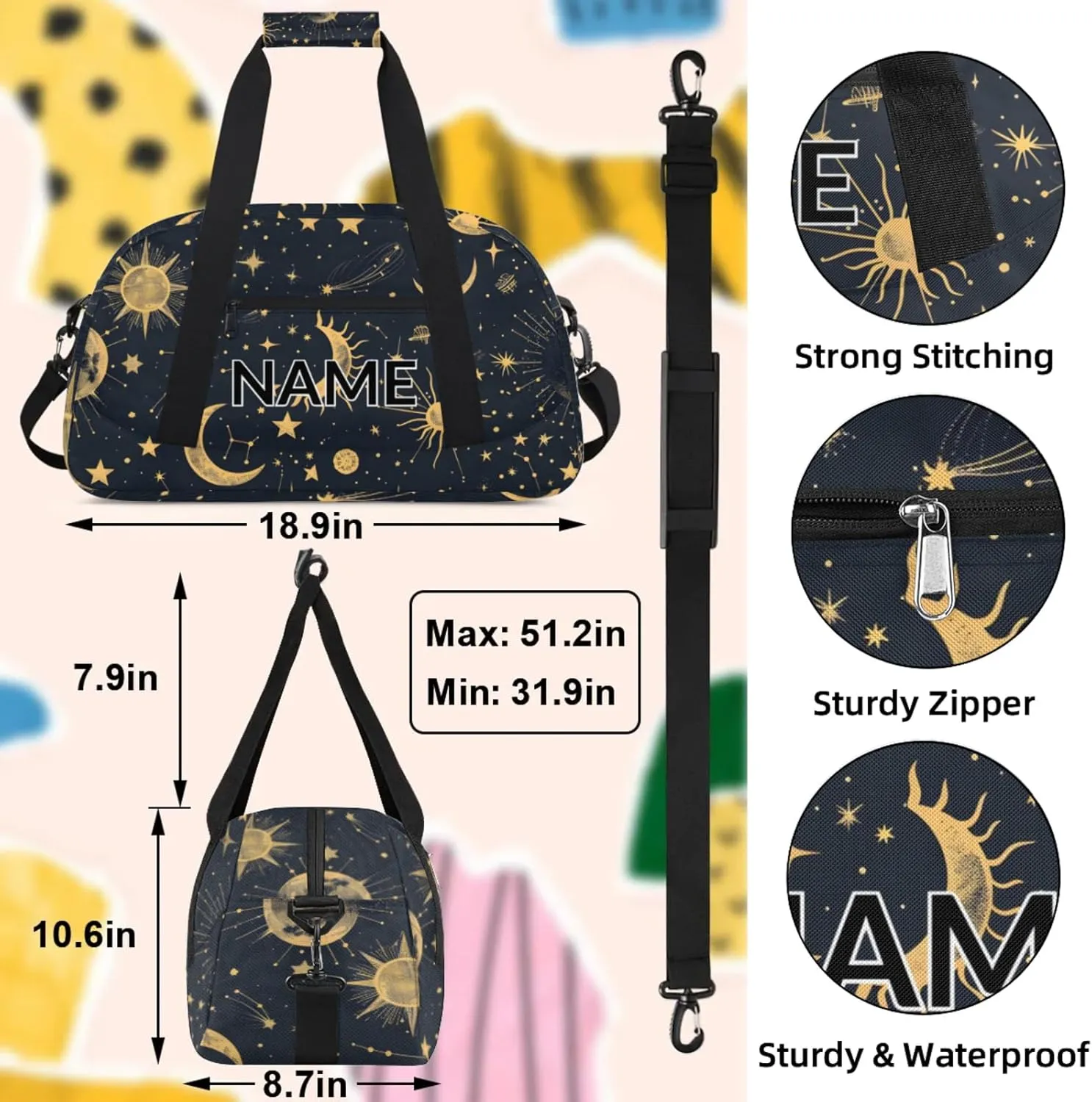 Personalized Custom Boho Sun Moon Gym Bag for Women Men Carry on Travel Duffel Tote Modern Stars Gothic Overnight Workout Weekender Bag