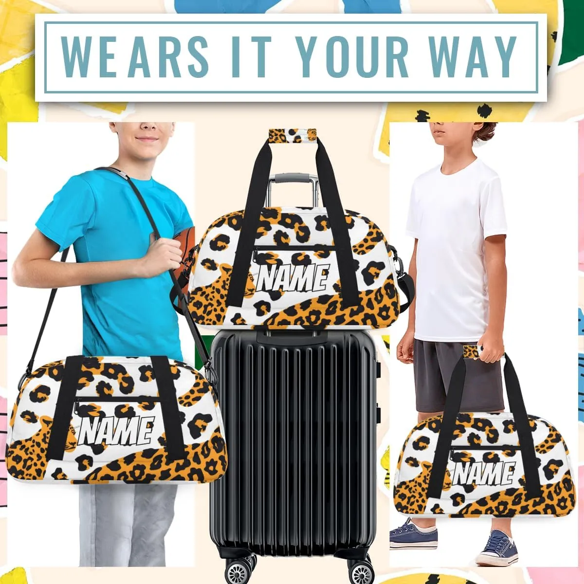 Personalized Custom Gym Bag for Women Men Carry on Leopard Print Travel Duffel Tote Cheetah Skin Overnight Workout Weekender Bag