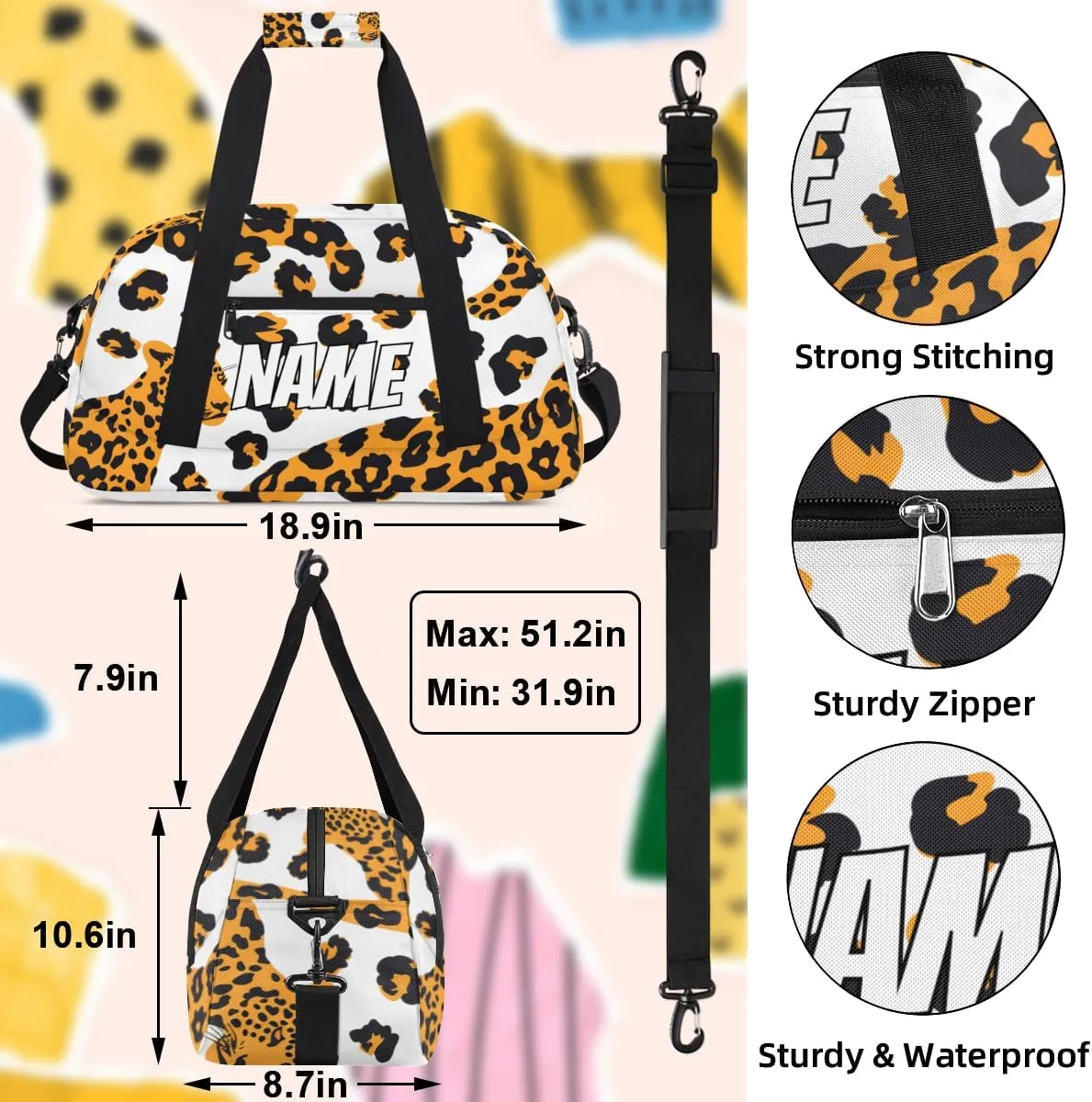 Personalized Custom Gym Bag for Women Men Carry on Leopard Print Travel Duffel Tote Cheetah Skin Overnight Workout Weekender Bag