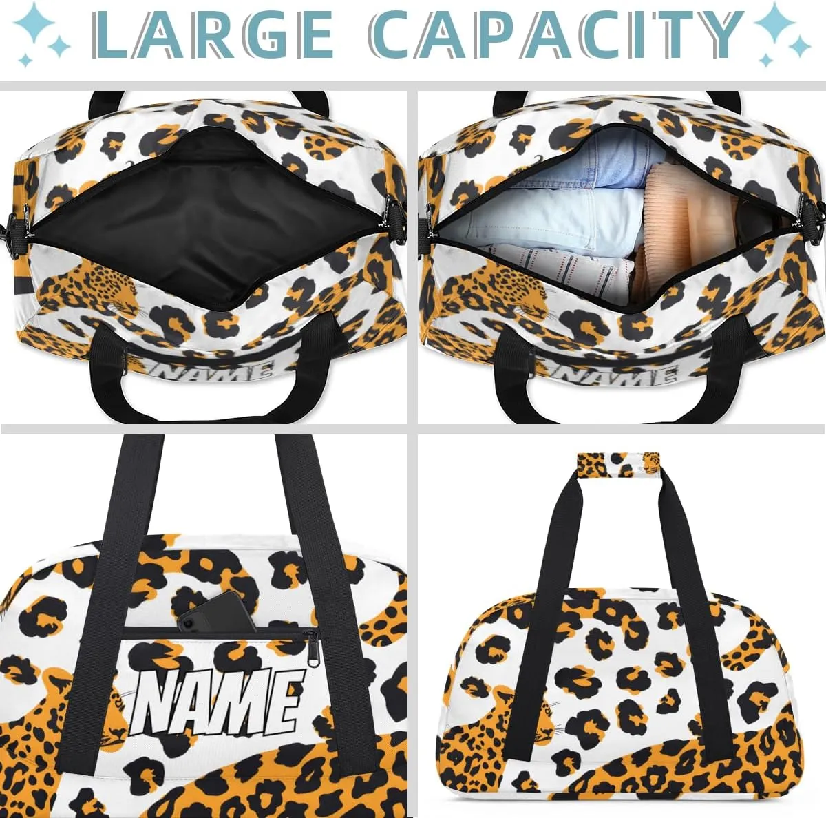Personalized Custom Gym Bag for Women Men Carry on Leopard Print Travel Duffel Tote Cheetah Skin Overnight Workout Weekender Bag