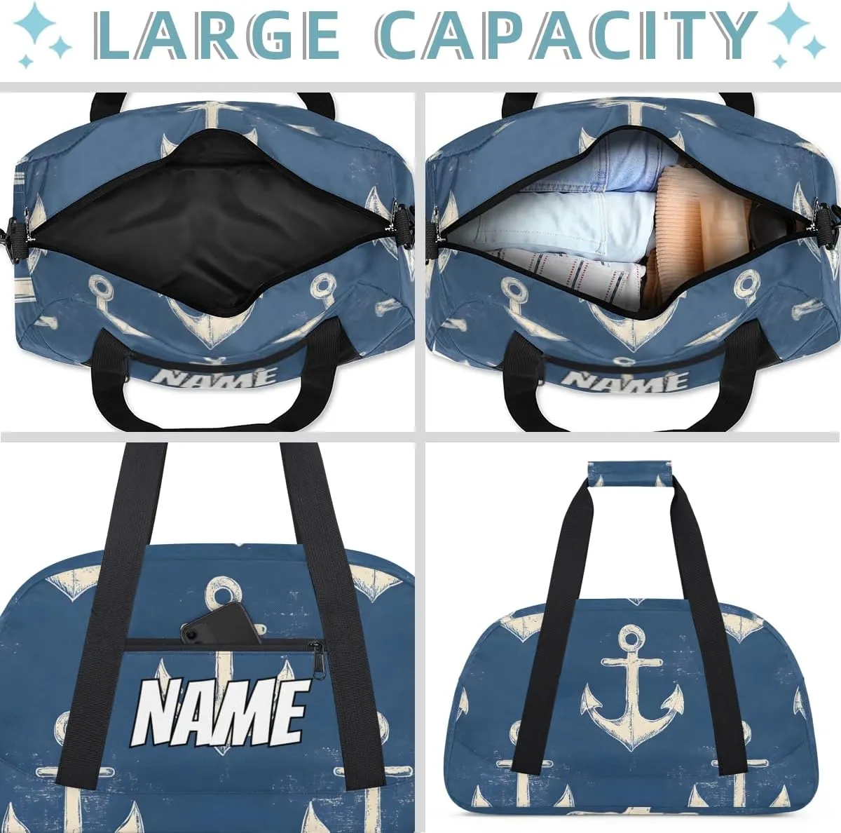 Personalized Custom Gym Bag for Women Men Carry on Ocean Anchors Travel Duffel Tote Nautical Theme Overnight Workout Weekender Bag
