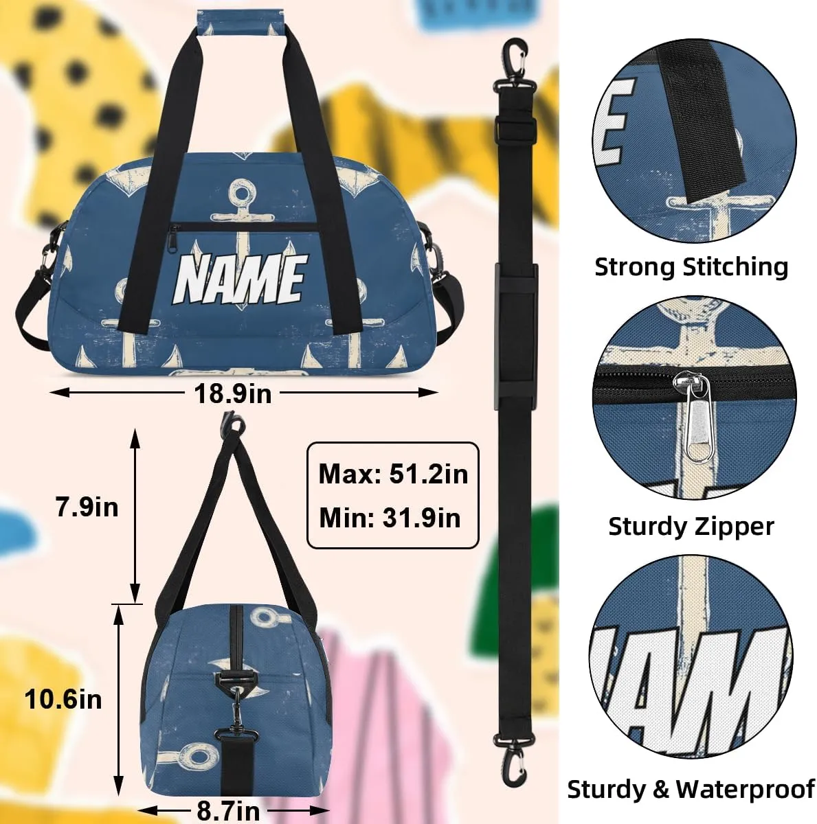 Personalized Custom Gym Bag for Women Men Carry on Ocean Anchors Travel Duffel Tote Nautical Theme Overnight Workout Weekender Bag