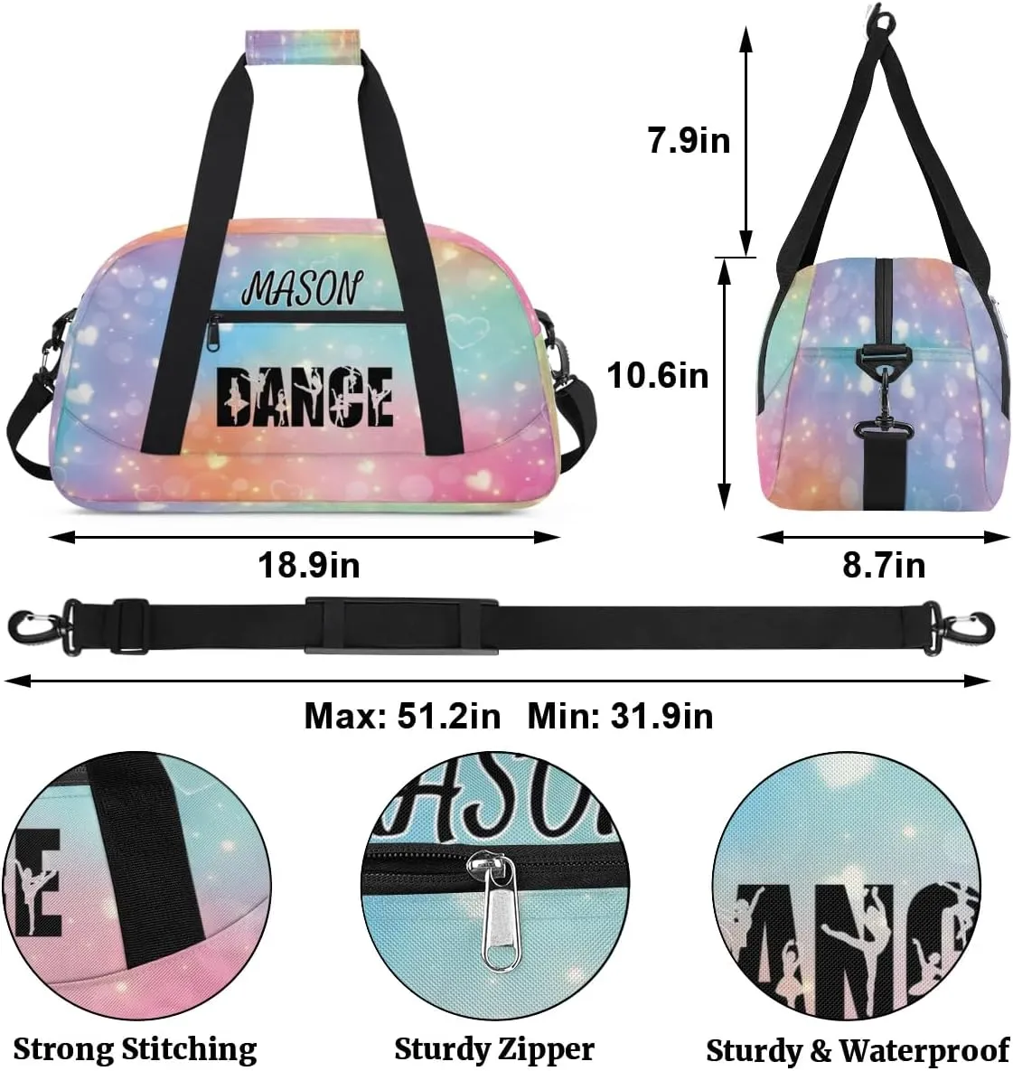 Personalized Dance Bag Gym Bag for Women, Custom Sport Duffel Bag Overnight Weekender Bags Travel Duffel Bag, Gorgeous Glitter