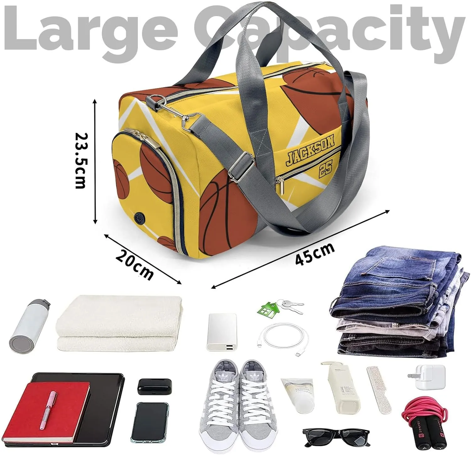 Personalized Duffle Bag with Name,Sport Basketball Player Team Yellow Custom Travel Bag Carry On Weekend Overnight Bag Gym Sports Bag Dance Bag