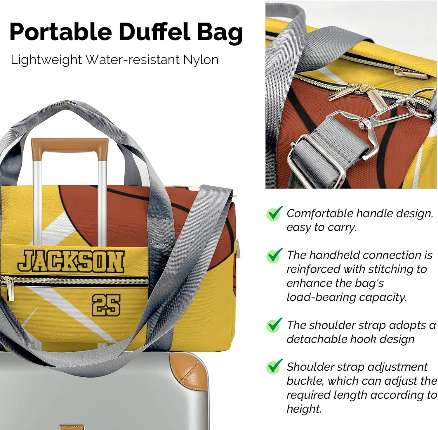 Personalized Duffle Bag with Name,Sport Basketball Player Team Yellow Custom Travel Bag Carry On Weekend Overnight Bag Gym Sports Bag Dance Bag