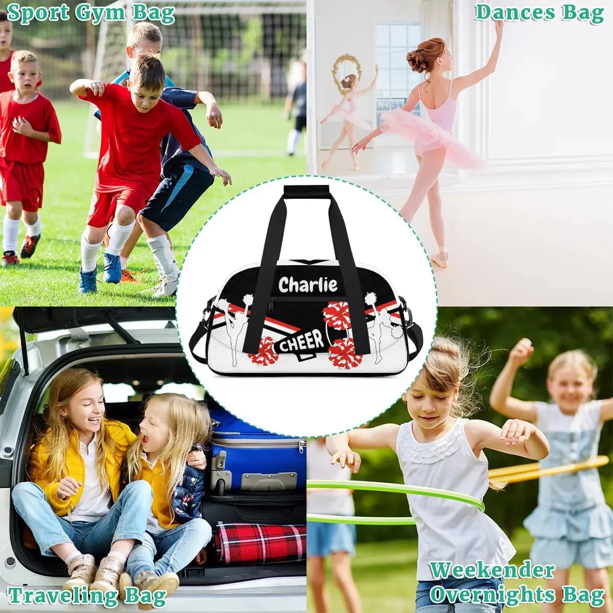 Personalized Name Cheerleaders Bag Custom Cheer Duffel Bags Gymnastics Bag Weekend Travel Overnight Bag for Sport Events, Black White