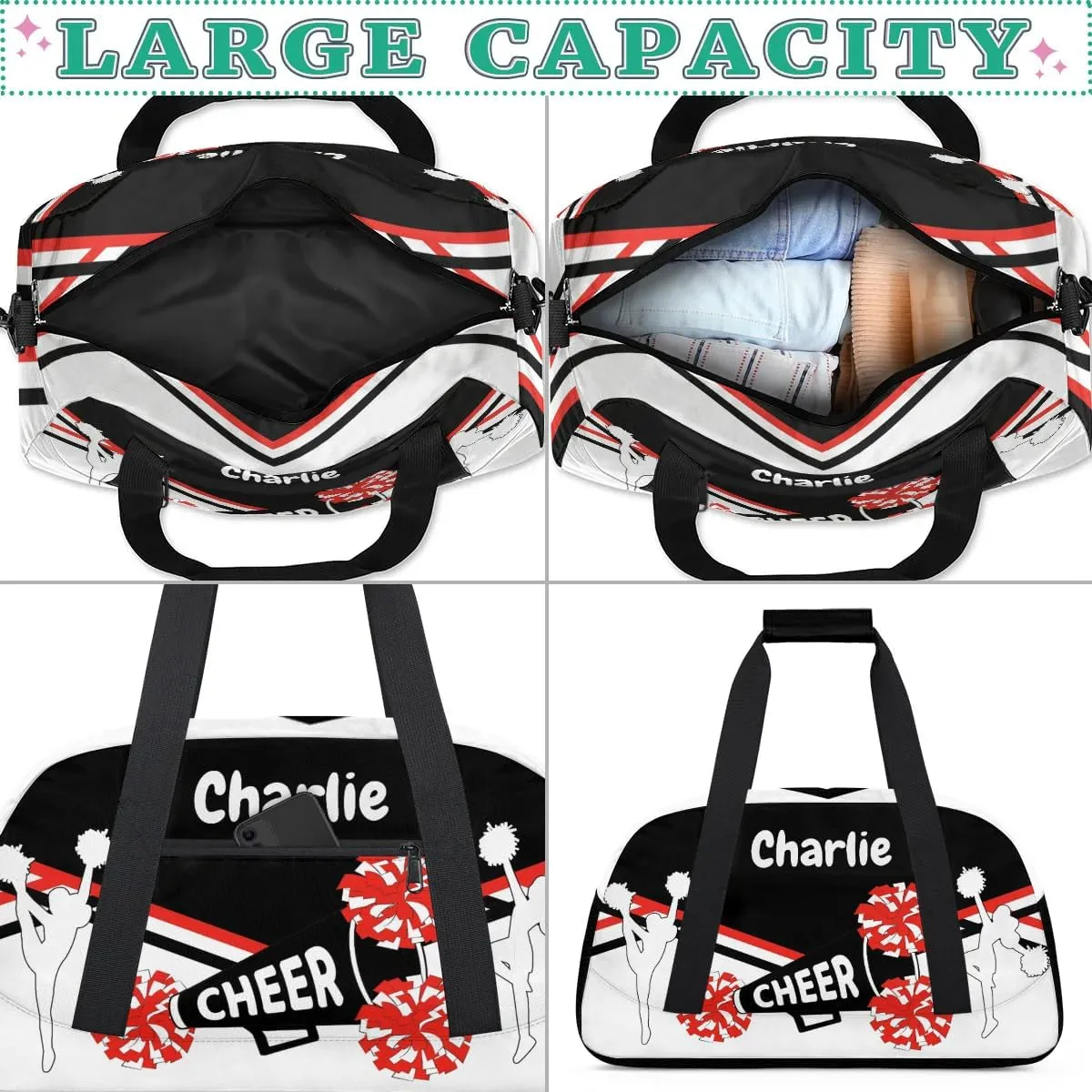 Personalized Name Cheerleaders Bag Custom Cheer Duffel Bags Gymnastics Bag Weekend Travel Overnight Bag for Sport Events, Black White