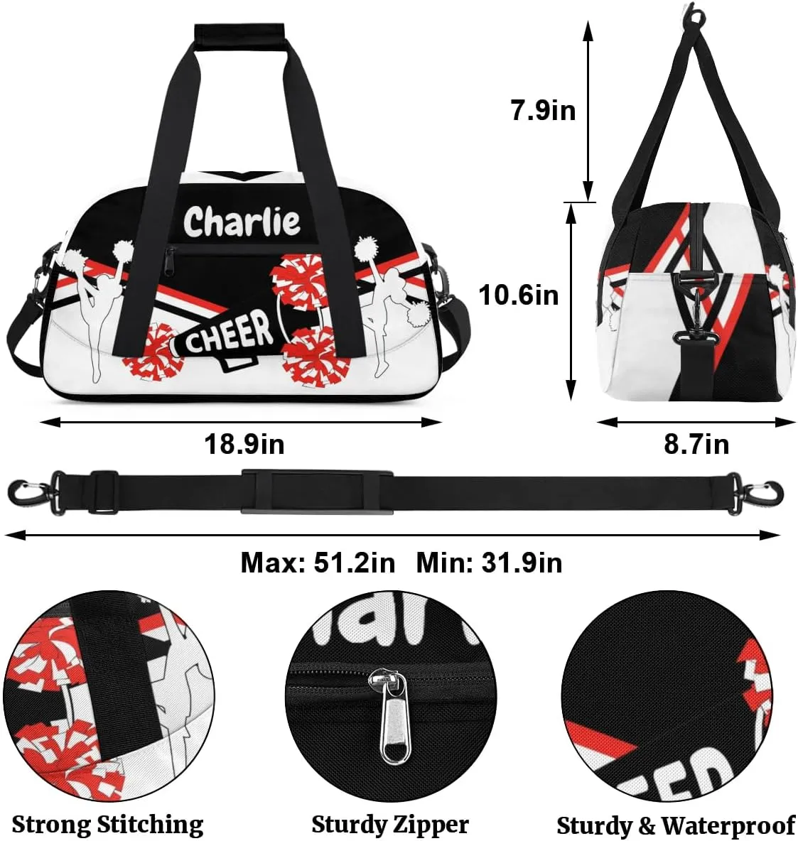 Personalized Name Cheerleaders Bag Custom Cheer Duffel Bags Gymnastics Bag Weekend Travel Overnight Bag for Sport Events, Black White